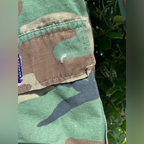 Upcycled Handmade By ME Vintage Army Fatigue Camo Jacket Bling Patches Pins - Picture 10 of 17